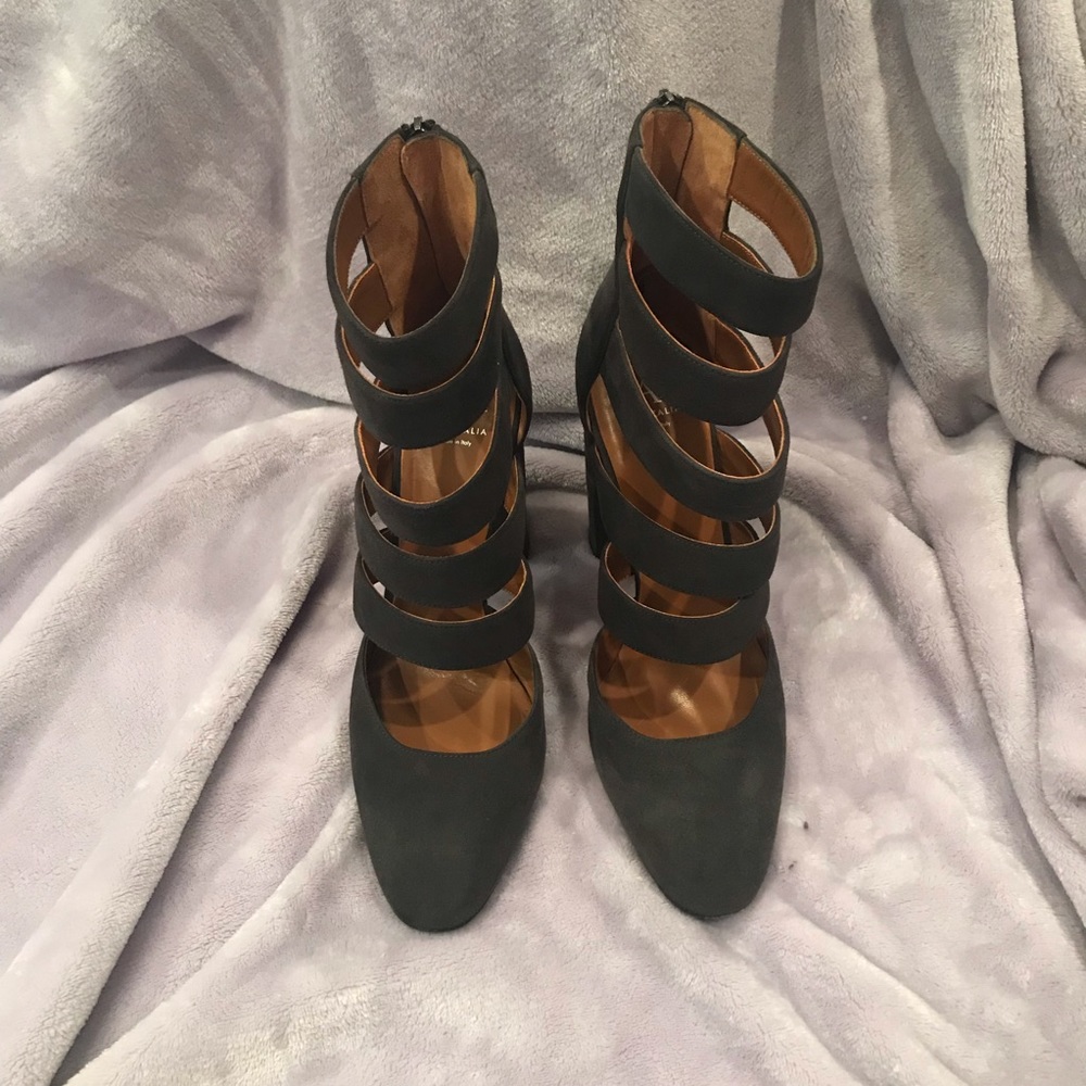 Aquatalia Beautiful Charcoal Suede Cage High Heel
